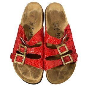 Betula Birkenstock Red leather snake embossed Sandals Gold bling buckles Size 8